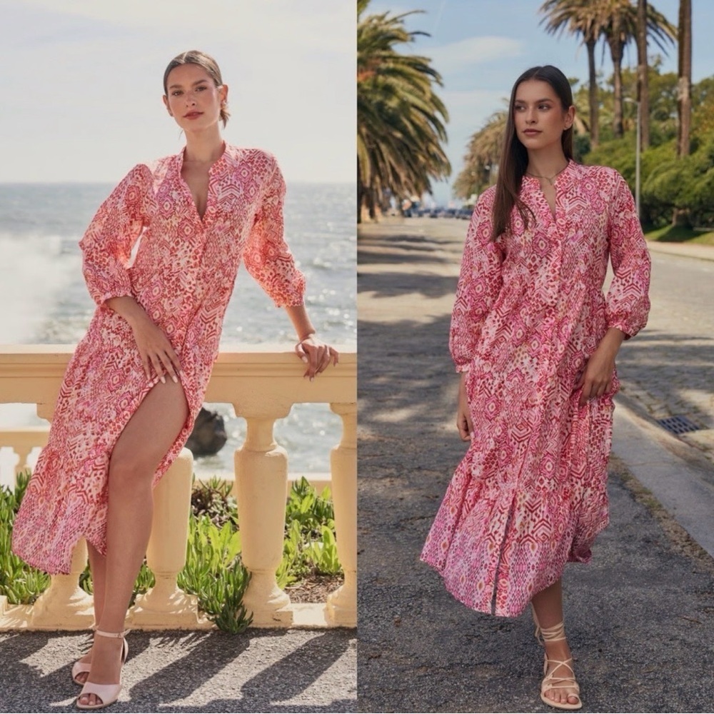 Zara Pink Print Cotton Tiered Midi Dress XS